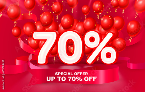 70 Off. Discount creative composition. 3d sale symbol with decorative objects, golden confetti, podium and gift box. Sale banner and poster. Vector