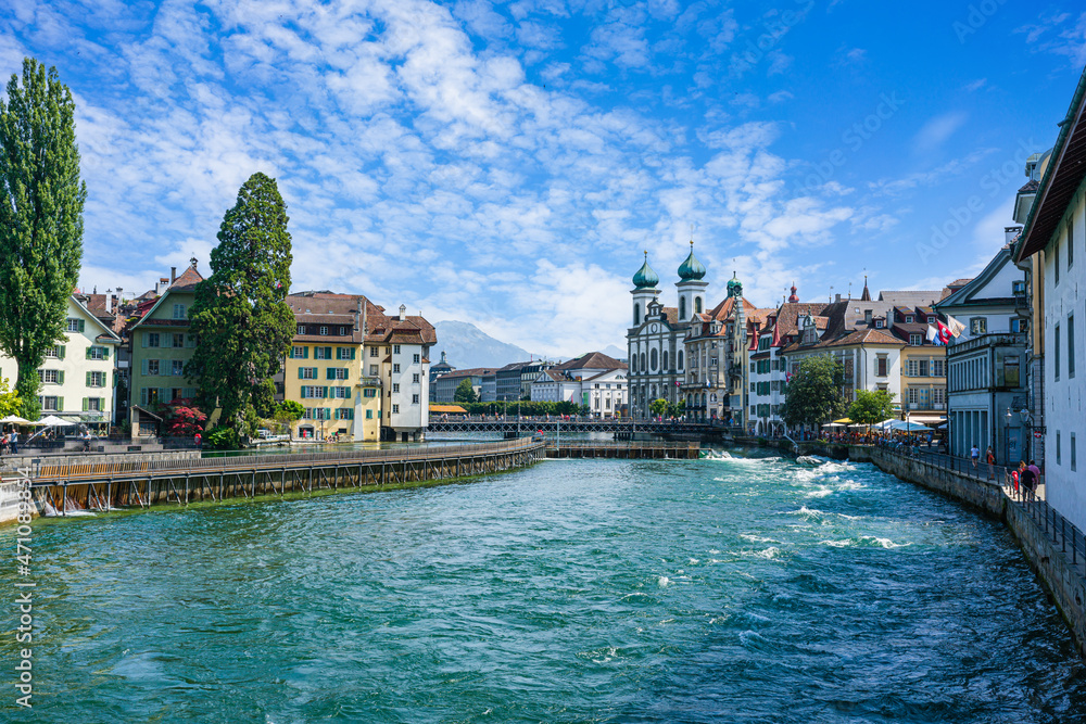 View of the old town of Lucerne. The river Reuss in the foreground.