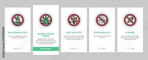 Addiction Substance Dependence Onboarding Mobile App Page Screen Vector. Stimulant Drugs And Painkillers Pills, Gambling Game And Alcohol, Tobacco Cigarettes And Marijuana Addiction. Illustrations