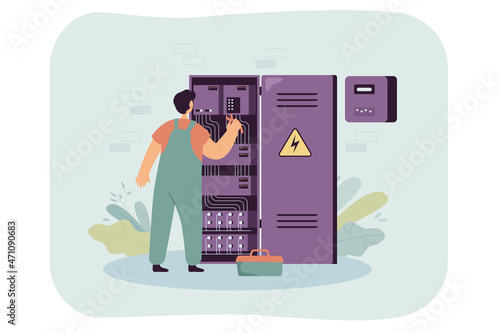 Engineer working at main-electrical breaker. Electrician man fixing or circuiting power cable at electric meter or counter panel flat vector illustration. Switch board, service technician concept