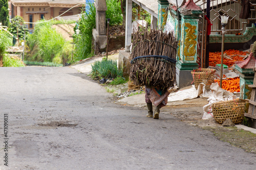 A woman is walking while carrying firewood, is a local resident on the hiking trail of Mount Merapi. BOYOLALI CENTRAL JAVA, INDONESIA - NOVEMBER 7, 2021. photo