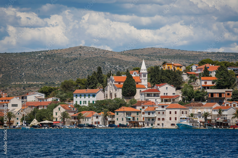 Cityscape of coastal town during summer day in Croatia
