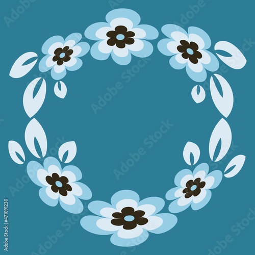 Illustration - Round frame or wreath on a square background - stylized flowers and leaves - graphics. Design elements