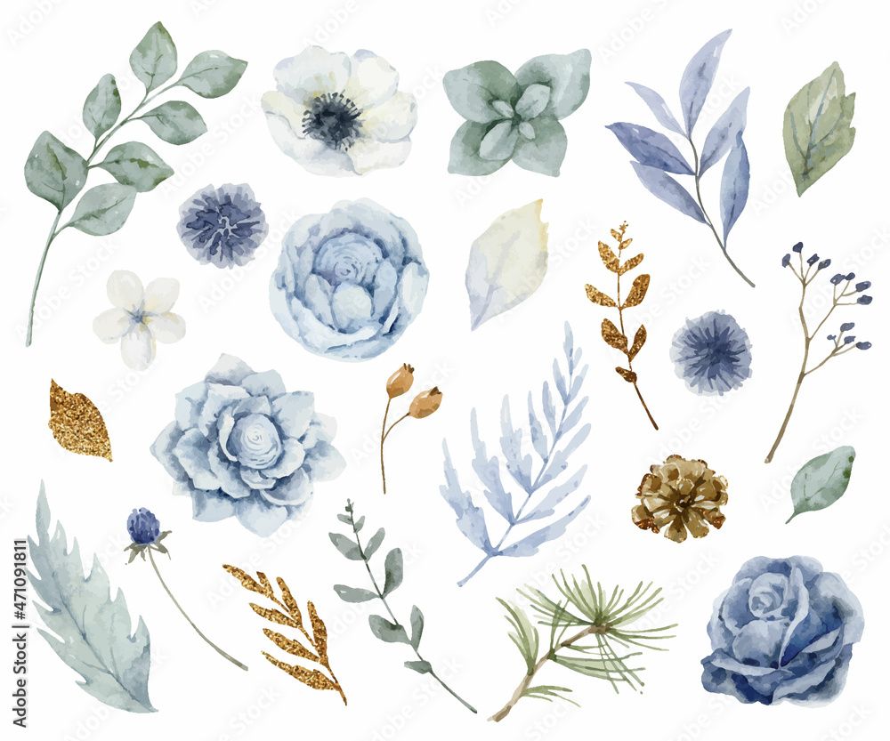 Watercolor vector set of dusty blue flowers, branches and leaves. Stock