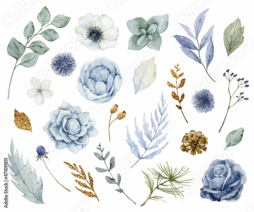 Watercolor vector set of dusty blue flowers, branches and leaves.