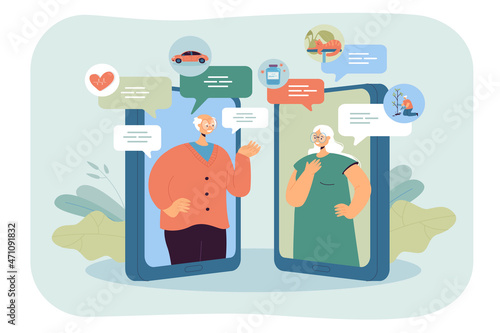 Wife and husband of old age having video call conference using app in mobile phone. Tiny elders sending messages, publishing posts online flat vector illustration. Family, relationship concept