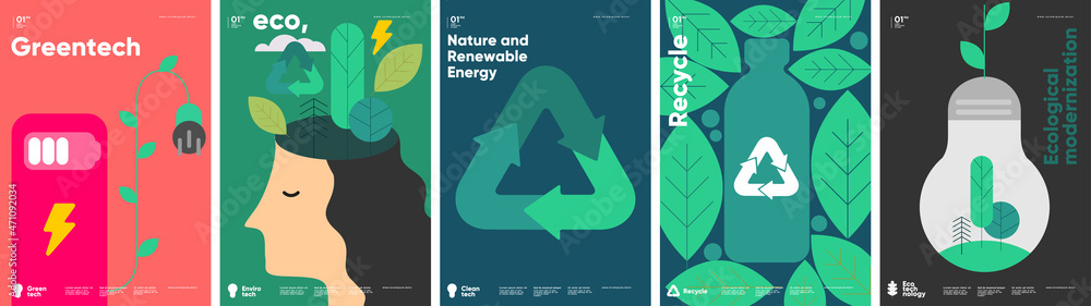 Recycle. Nature and Renewable Energy. Green Energy and Natural Resource Conservation. Set of vector illustrations. Background images for poster, banner, cover art.