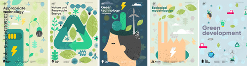 Recycle. Nature and Renewable Energy. Green Energy and Natural Resource Conservation. Set of vector illustrations. Background images for poster, banner, cover art.