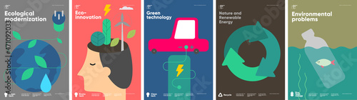 Recycle. Nature and Renewable Energy. Green Energy and Natural Resource Conservation. Set of vector illustrations. Background images for poster, banner, cover art.