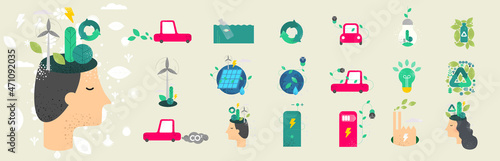 Recycle. Nature and Renewable Energy. Green Energy and Natural Resource Conservation. Set of vector illustrations. Background images for poster, banner, cover art.