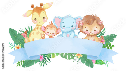Ribbon banner with cute jungle animals. Watercolor illustration. cute animal vector cartoon.