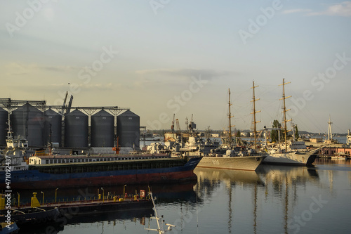 Ship of Ukrainian Navy the Hetman Sagaidachny frigate U130 and sail training ship Druzhba in Seaport of Odesa, Ukraine photo