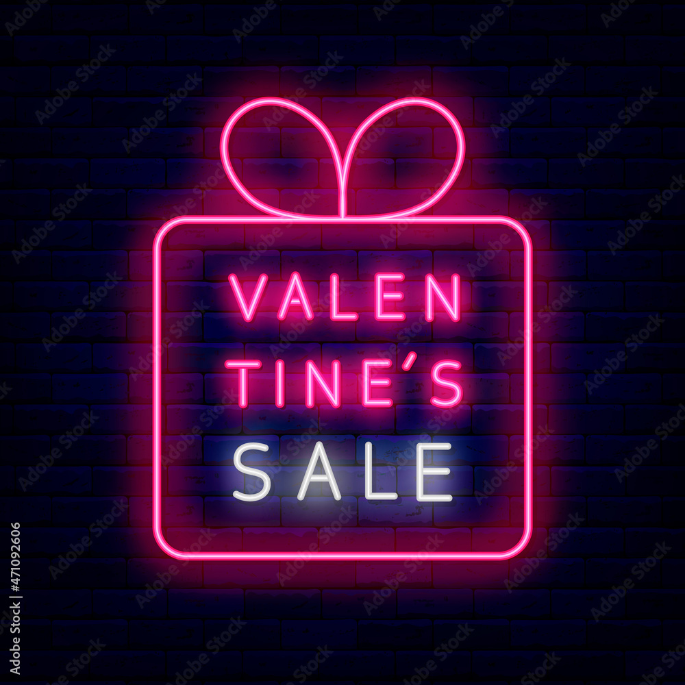 Valentines Sale neon text in gift box frame. Light advertising. Editable stroke. Vector stock illustration