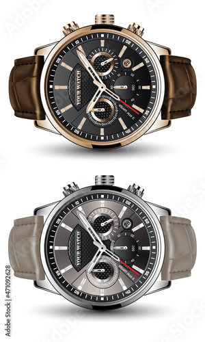 Realistic clock watch chronograph gold silver steel brown leather strap collection for men luxury on white background object vector