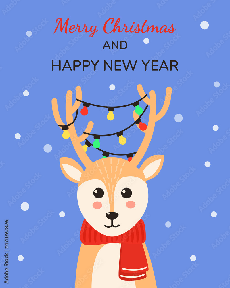 Christmas card with deer. Cute deer with garlands on horns. Winter vector illustration. Christmas card with deer. Cute deer with garlands on horns. Winter vector illustration.