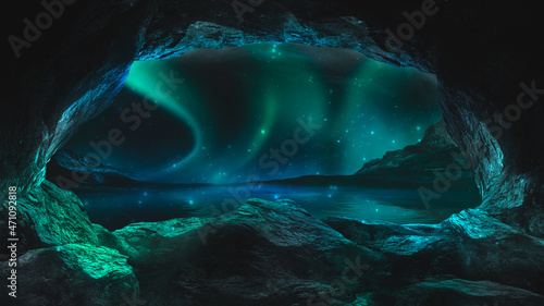 Fototapeta Naklejka Na Ścianę i Meble -  Rocky cave, stones, tunnel and starry night sky with northern lights, polar night. Drawing in the sky. North. Fantasy landscape, rock hole. Neon landscape. 3D illustration. 