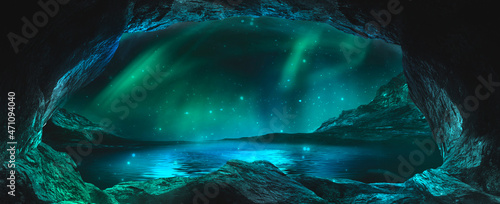 Rocky cave, stones, tunnel and starry night sky with northern lights, polar night. Drawing in the sky. North. Fantasy landscape, rock hole. Neon landscape. 3D illustration. 