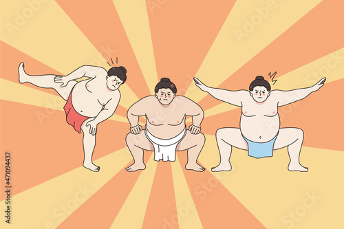 Traditional sumo wrestling fight concept. Group of japanese men fighters practicing sumo during workout or fight vector illustration 