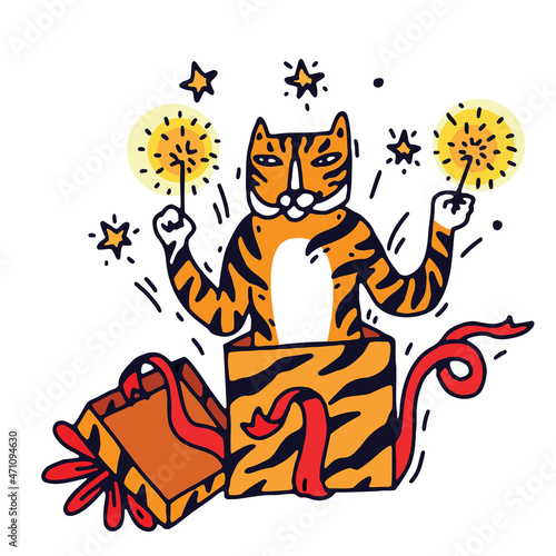 Tiger celebrate new year 2022. Cute hand drawn doodle tiger character in a gift box with sparklers fireworks in his paws. Vector illustration isolated on white background