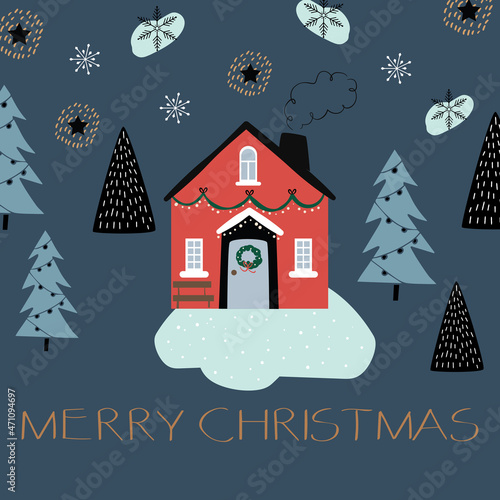 Christmas winter background with house, christmas trees, stars and text on blue background. Perfect for wallpaper, background, gift card, winter decor and holiday designs. Vector illustration.