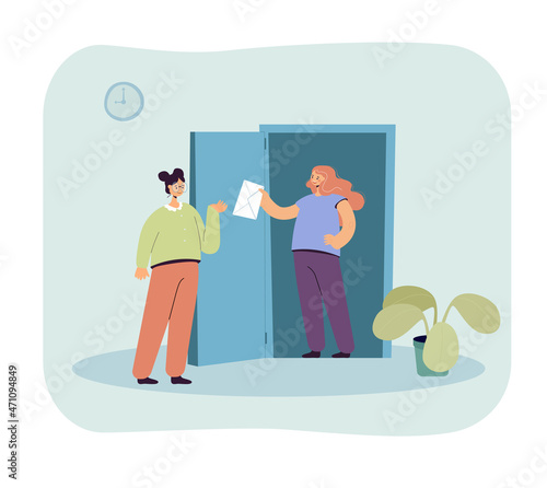Woman delivering envelope to female friend. Girl with letter for neighbor or classmate flat vector illustration. Communication, mail, correspondence concept for banner, website design or landing web