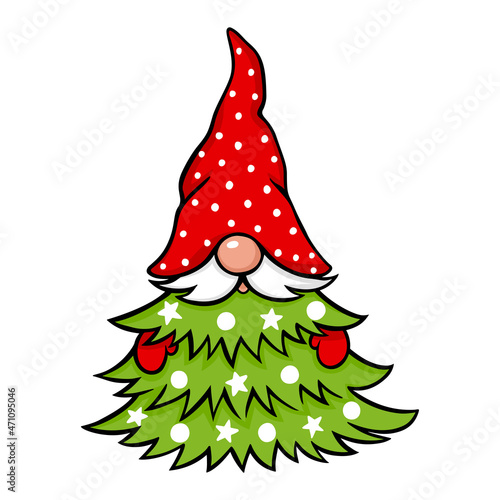 Vector Christmas tree Gnome illustration. Cute elf isolated on white.