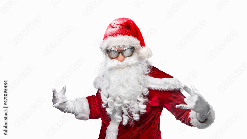 cool santa claus in sunglasses calls out discounts - isolated on the white background cool santa claus in sunglasses calls out discounts - isolated on the white background