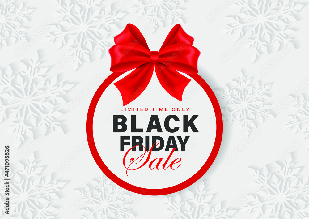 Super Sale on Black Friday.Advertising banner for Black Friday. Realistic red bow. Black letters on a light background.New Year and Christmas design. Christmas background.Vector illustration.EPS 10