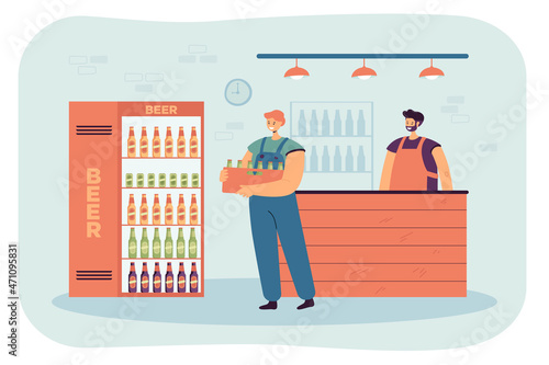 Deliveryman carrying crate of fresh beer in bottles. Smiling courier man holding stack of alcohol drinks in wooden box in alcohol market flat vector illustration. Delivery, brewery company concept
