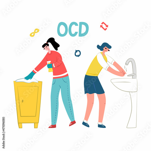 Vector isolated illustration with characters engaged in repetitive actions. Concept of mental illness Obsessive-compulsive disorder. There are background elements symbols of repetitions.