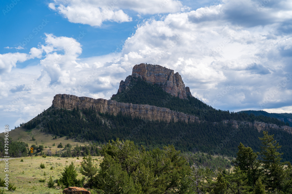 Fototapeta premium Mountain peak, trees, and a grassy valley just off the Chief Joseph Highway in Wyoming near the Beartooth Mountains and Yellowstone, on a sunny and cloudy summer afternoon