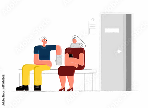 Vector mixed flat, linear illustration with injured patients, broken limbs, neck, who are waiting for their turn in front of door traumatologist office. Concept treatment, health, doctor appointments.