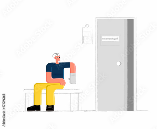 Vector mixed flat and linear image with an injured patient with cast on his arm, who are waiting for their turn in front of door traumatologist office. Concept treatment, health, doctor appointments.