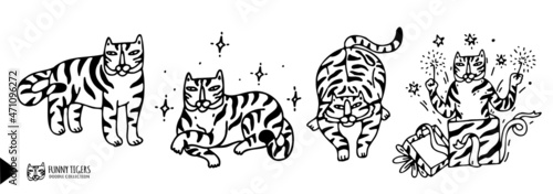 Set of tigers in cute doodle outline cartoon style. Colored vector Tiger characters bundle in various pose. Illlustration isolated on white