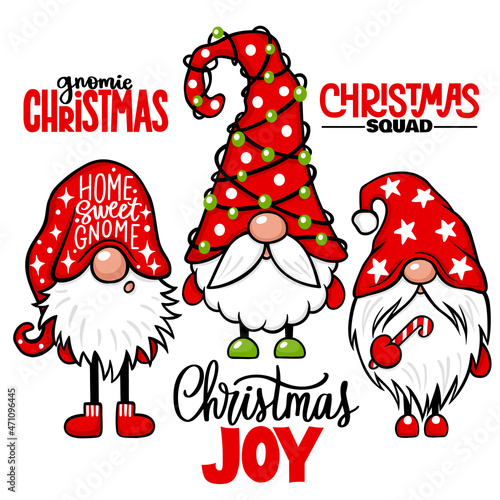 Christmas Gnomes vector set. Christmas quotes. Cute elf isolated on white.
