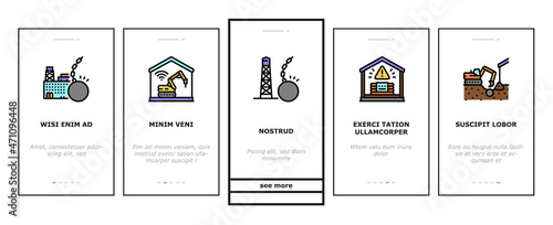 Dismantling Construction Process Onboarding Mobile App Page Screen Vector. Tile And Wood Floor Dismantling, Building And House, Tower Factory Demolition. Hazardous Waste Transportation Illustrations