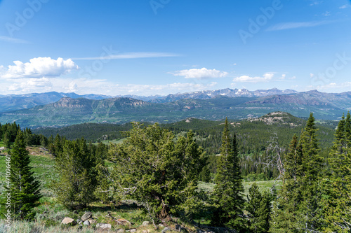 A landscape view from the Beartooth Highway in the Absaroka Mountain near Yellowstone National Park in Montana and Wyoming on a sunny summer day