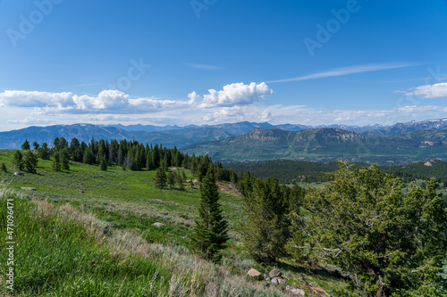 A landscape view from the Beartooth Highway in the Absaroka Mountain near Yellowstone National Park in Montana and Wyoming on a sunny summer day photo