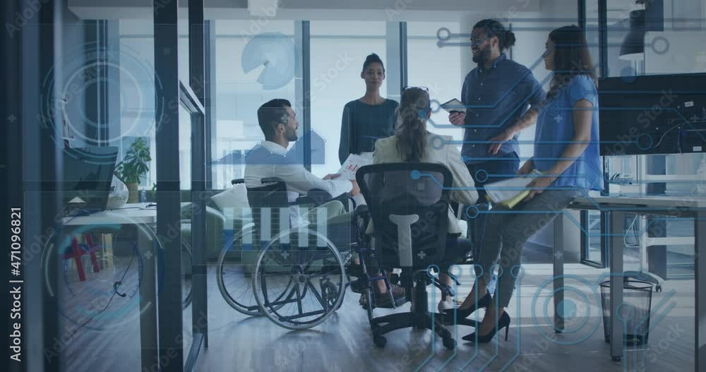 Animation of charts and data processing over diverse colleagues at casual meeting in office Animation of charts and data processing over diverse colleagues at casual meeting in office