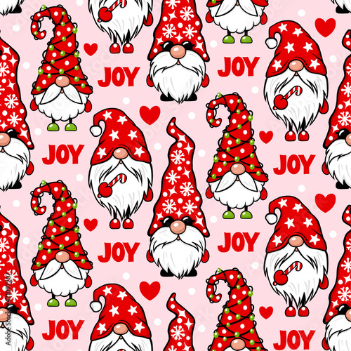Christmas gnome seamless pattern. Cute elf. Vector funny print with cartoon characters.