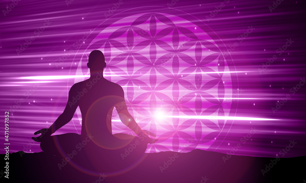 silhouette of a person in meditation position - violet background