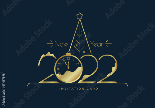 Happy New Year 2022 gold numbers typography greeting card design with clock, xmas tree and decoration on dark background. Merry Christmas golden illustration.