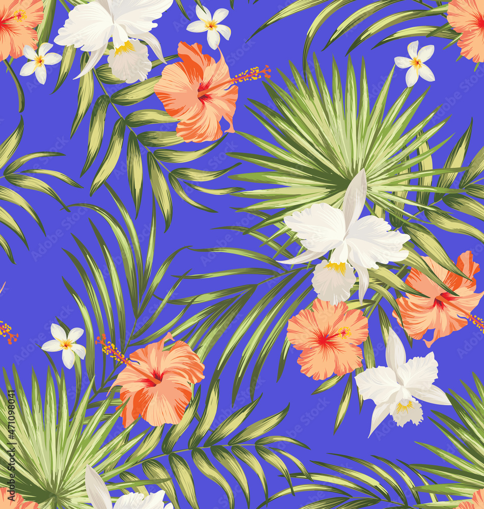 Naklejka premium Summer tropical vector pattern with birds and palm leaves. Seamless botanical background. Tropic wallpaper.