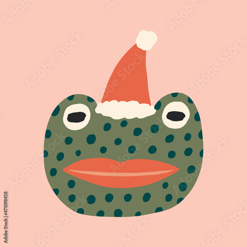 Christmas doodle character frog Santa childish cartoon boho naive funky handdrawn style art vector 