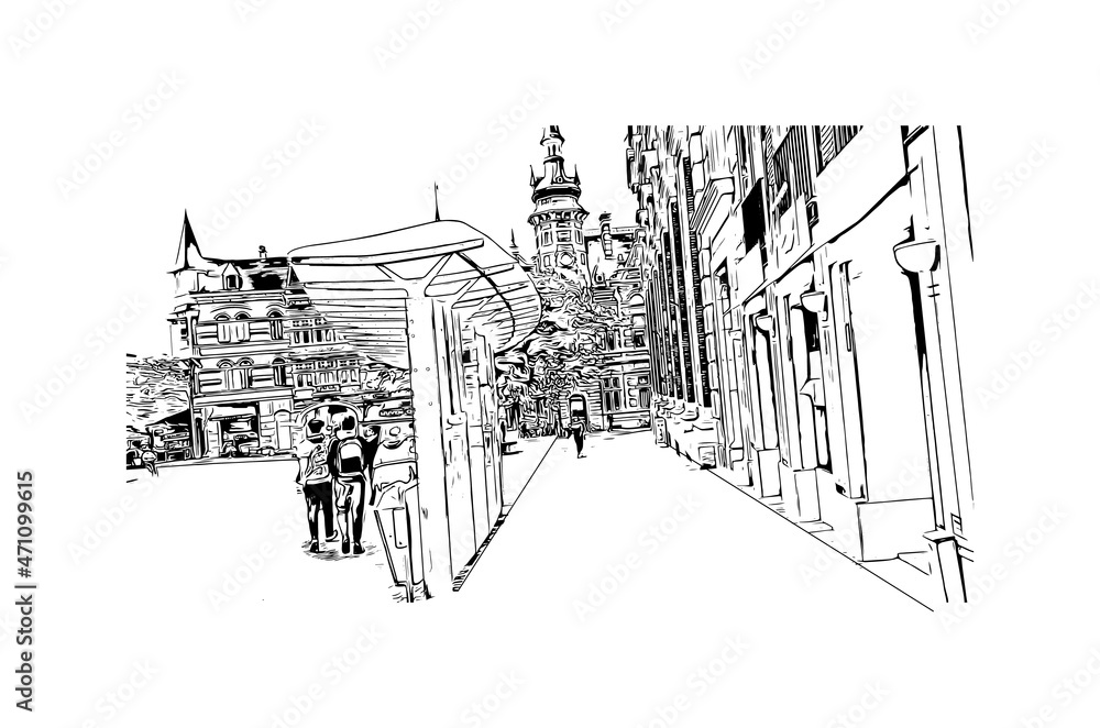 Obraz premium Building view with landmark of Leuven is the city in Belgium. Hand drawn sketch illustration in vector.