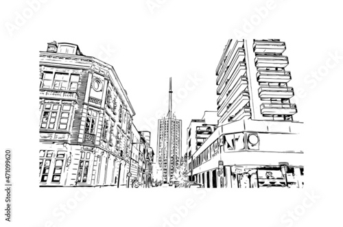 Building view with landmark of Leuven is the city in Belgium. Hand drawn sketch illustration in vector.