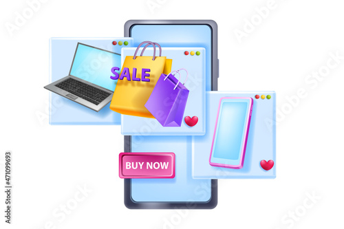 Online shopping 3D illustration, vector internet mobile store, smartphone screen, laptop, paper bag. Web sale gift, e-commerce discount advertisement concept, virtual payment service. Online shopping