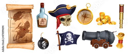 Pirate cartoon game object set, vector corsair icon kit, old parchment treasure map, iron cannon, bomb. Sea adventure elements, black flag, golden coin pile, rum bottle, skull. Pirate game collection
