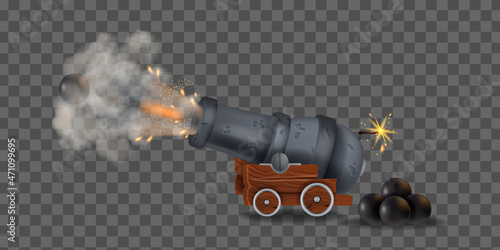Fotografia Ancient iron cannon, vector vintage military illustration, shooting old weapon, smoke and fire, cannonball