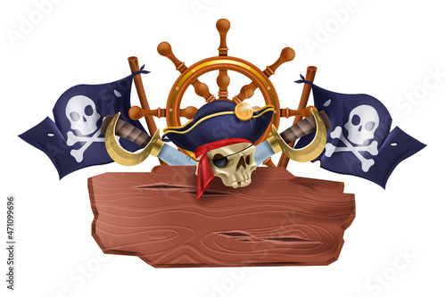 Wooden pirate sign board, vector game UI timber panel banner, black jolly roger flag, skull, ship wheel. UI corsair frame, saber blade, announcement tablet isolated on white. Wooden sign pointer badge